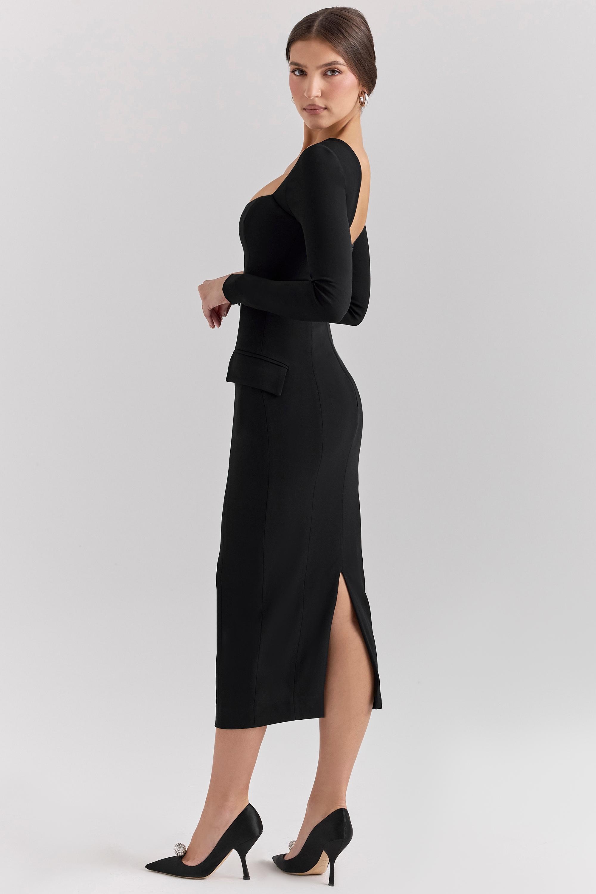 Ella Black Stretch Crepe Long Sleeve Midi Dress Product Image