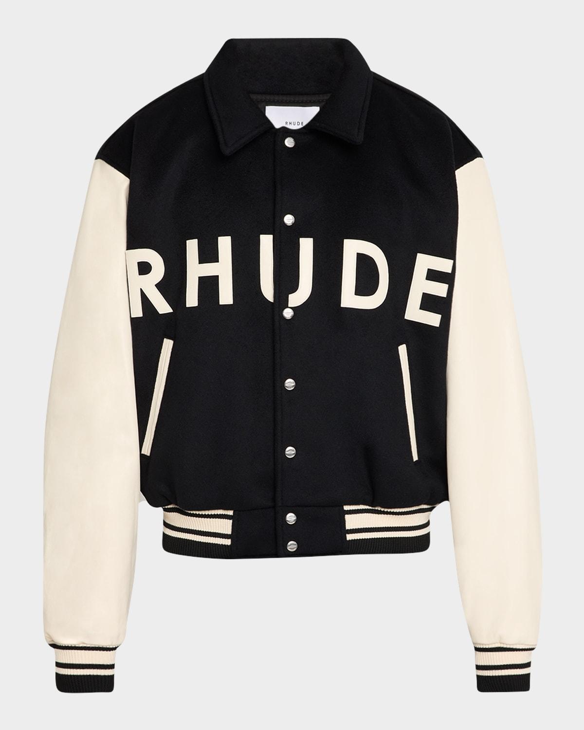 RHUDE Collegiate Logo-appliquéd Wool And Leather Bomber Jacket In Black Product Image