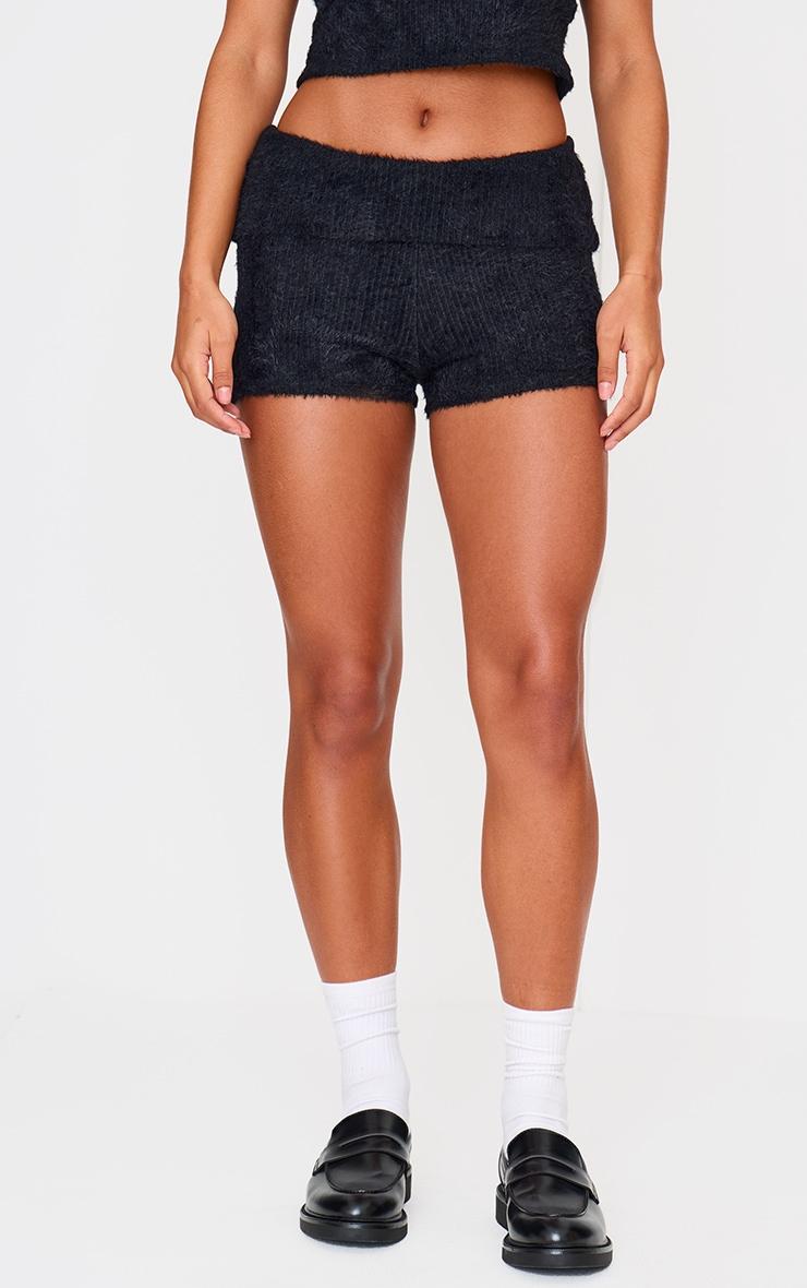 Black Fluffy Textured Fold Over Hot Pants Product Image