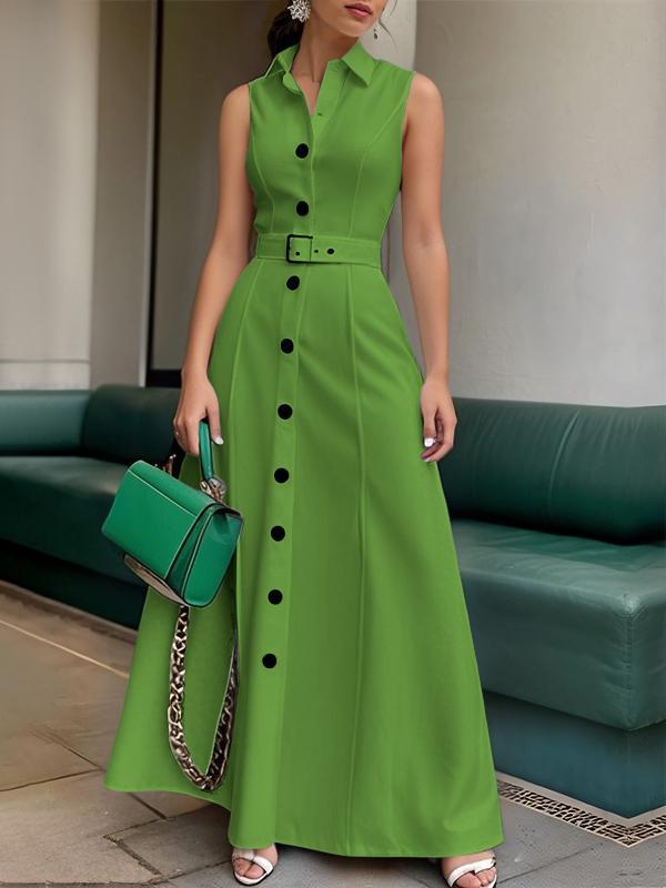 A-Line High Waisted Belted Buttoned Solid Color Lapel Maxi Dresses Product Image
