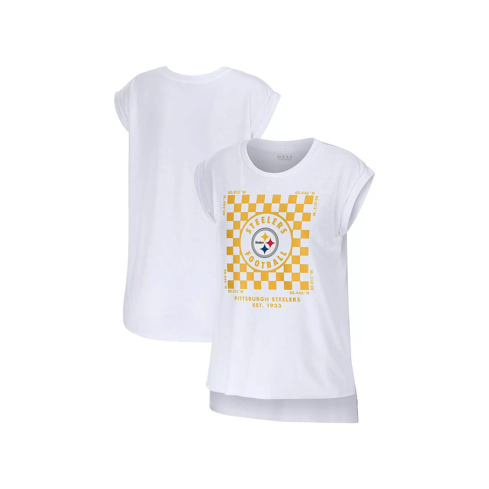 Women's WEAR by Erin Andrews White Pittsburgh Steelers Checker Muscle Tank Top,  Product Image