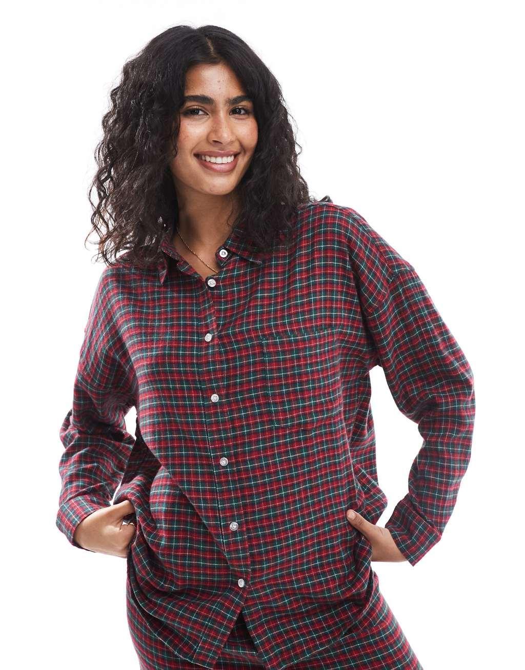 Cotton On relaxed flannel pajama shirt in red micro check set Product Image