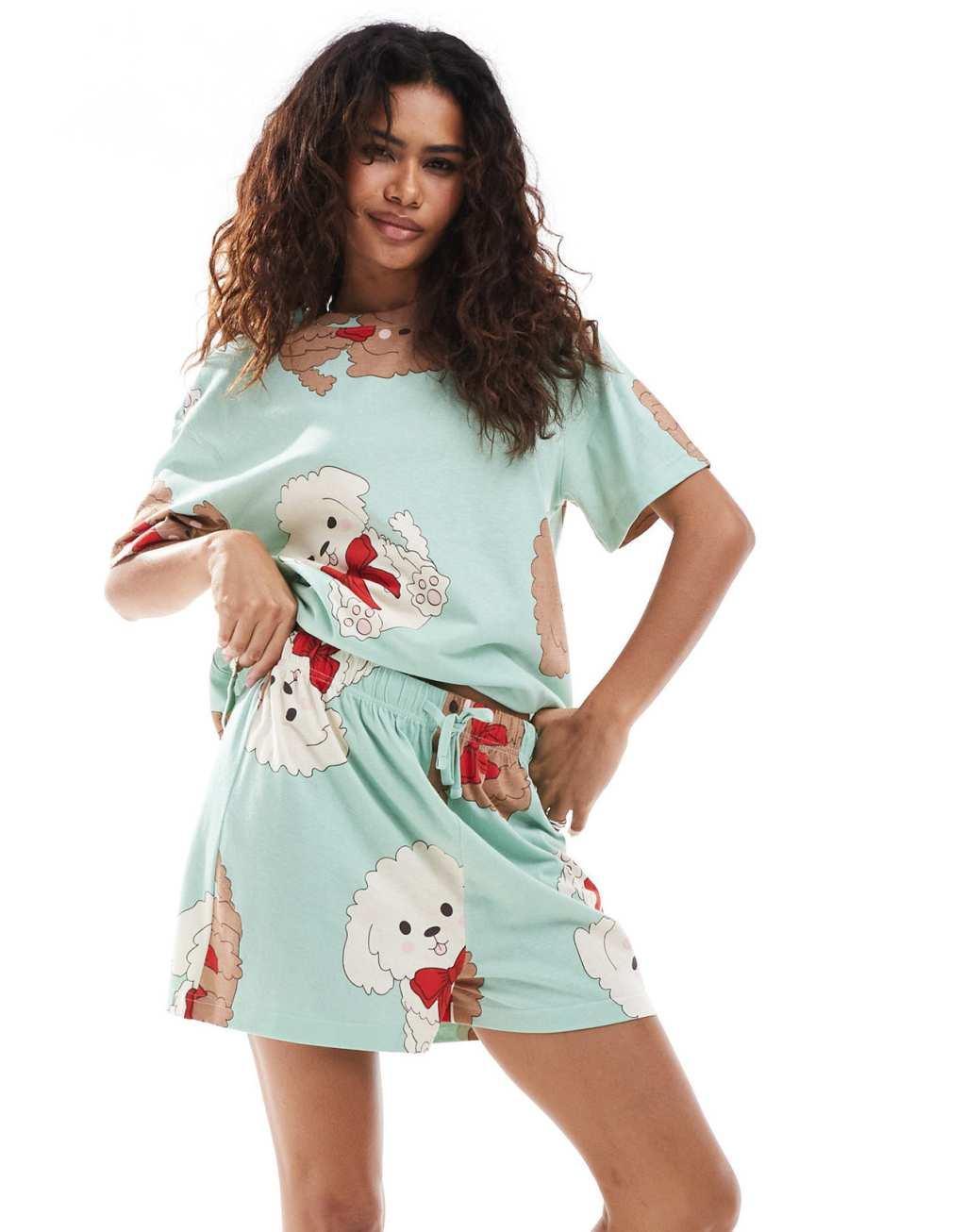 ASOS DESIGN dog and bow oversized tee & short pajama set in green Product Image