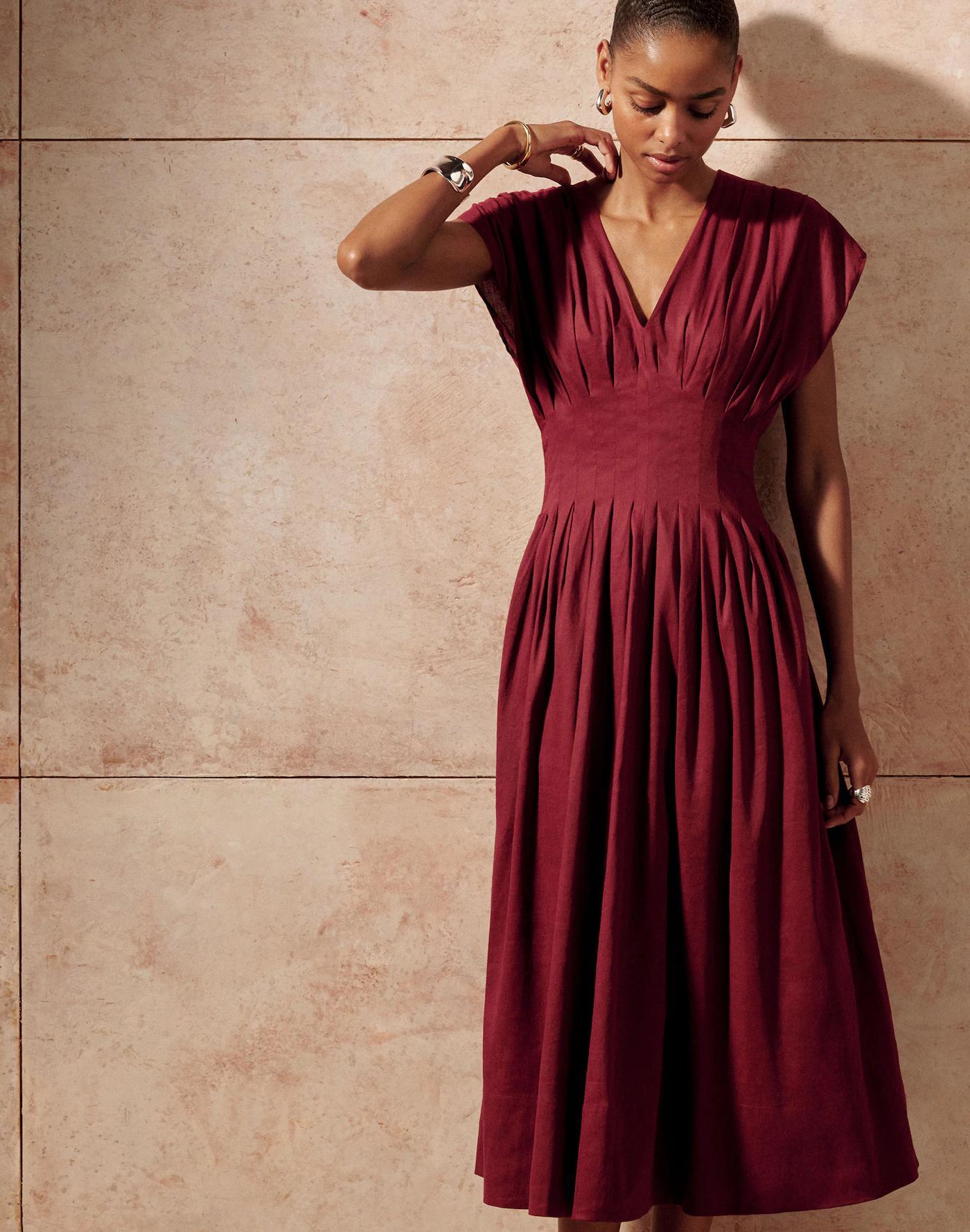 Pleated V-Neck Midi Dress Product Image
