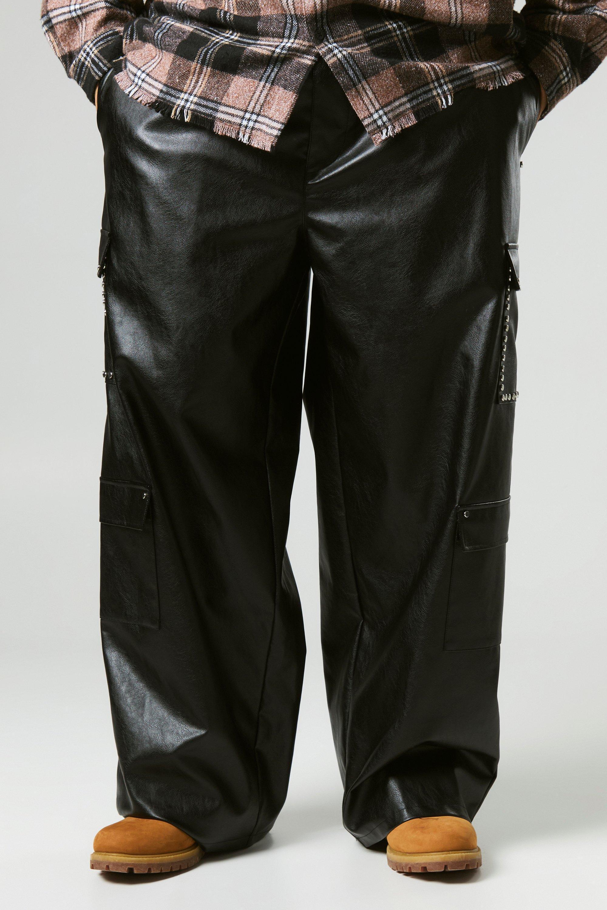 Plus Fixed Waist Studded PU Wide Leg Trousers | boohooMAN USA Product Image