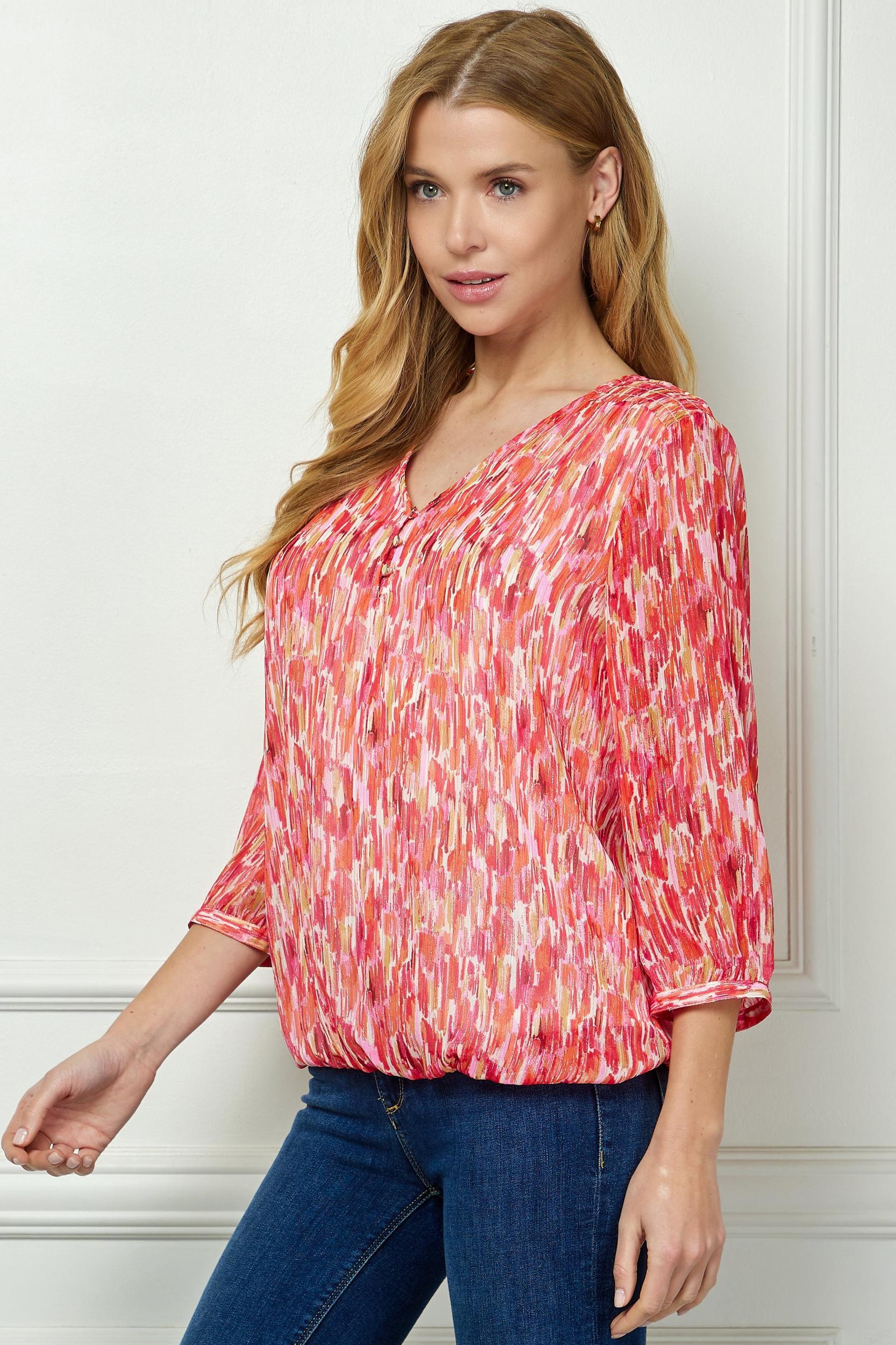 3/4 Button Cuff Sleeve 3 Button V-Neck Smock Shoulder Popover Lined Bubble Blouse Product Image