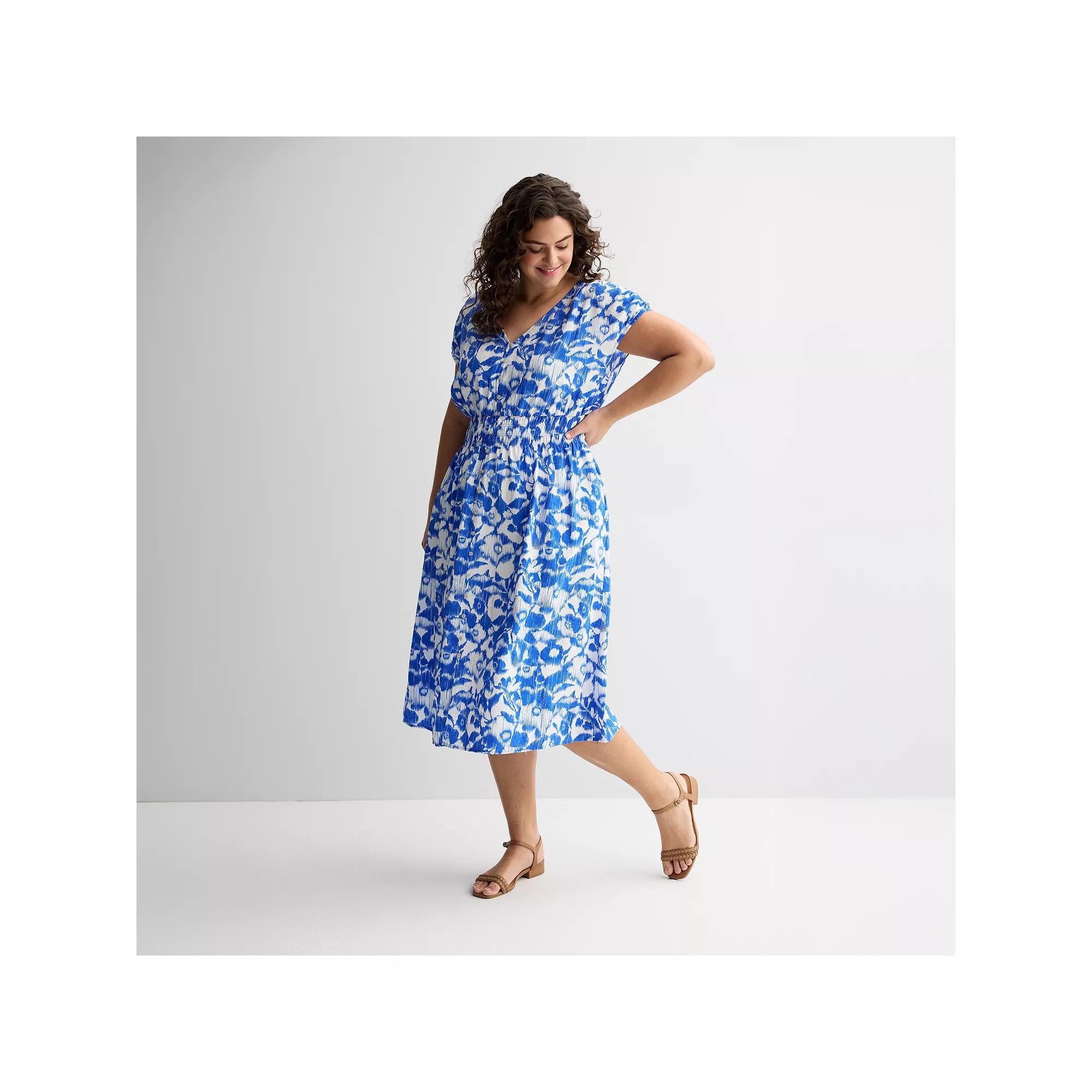 Plus Size Sonoma Goods For Life® Smocked Button-Through Midi Dress, Women's, Size: 0X, Vivid Blue Floral Product Image