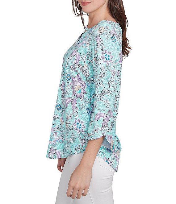 Ruby Rd. Soft Knit Floral Keyhole Neck 3/4 Sleeve Shirttail Hem Top Product Image