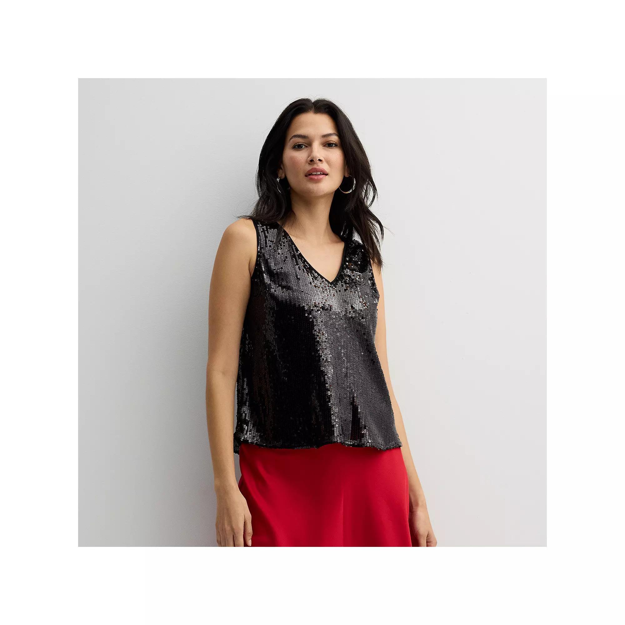Women's Petite Nine West V-Neck Tank Top, Size: XL Petite, Black Sequin Product Image
