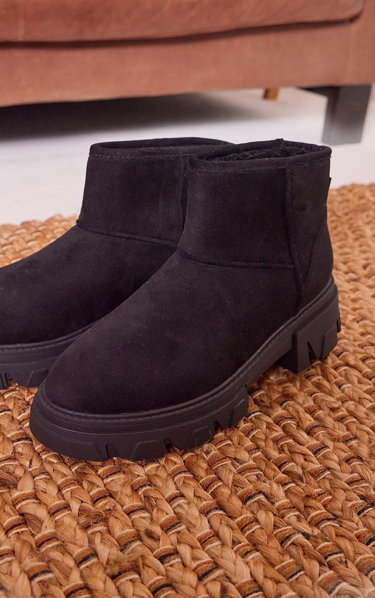 Black Faux Suede Round Toe Chunky Sole Ankle Boots Product Image