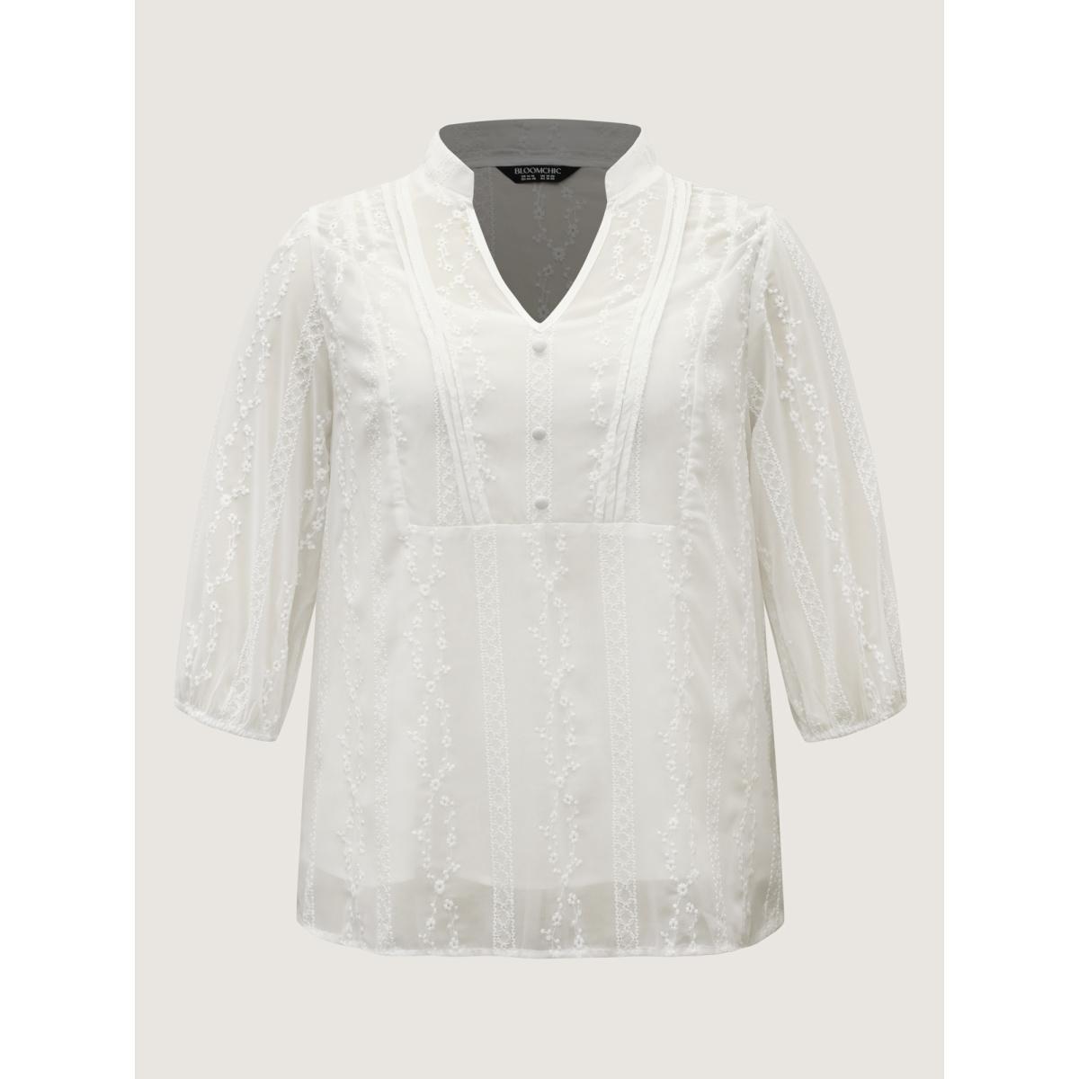 Plus Size Originalwhite Texture Mesh Button Detail Tucked Seam Blouse Women Timeless Elbow-length sleeve V-neck Elegant Blouses BloomChic 28/5X Product Image