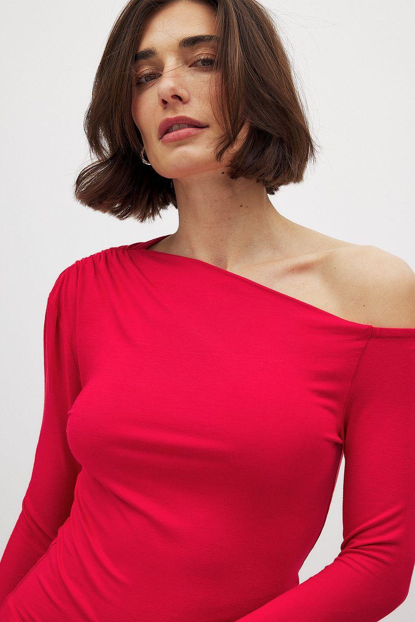 Off Shoulder Jersey Top Red Product Image