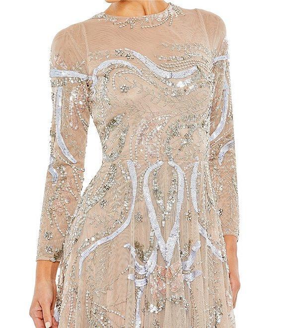 Mac Duggal Long Sleeve A-Line Crew Neck Lined Beaded Gown Product Image
