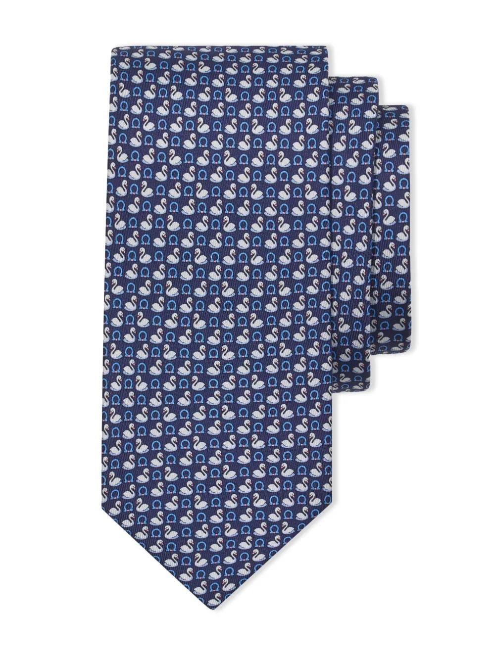 FERRAGAMO Swan-print Silk Tie In Blue Product Image