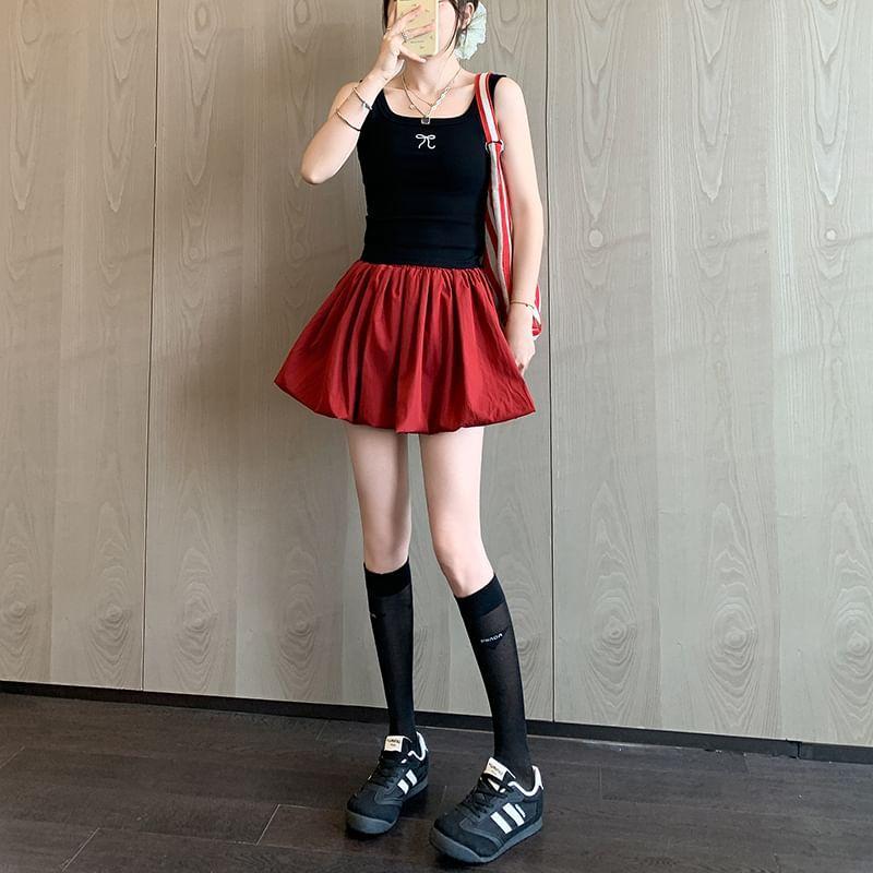 High Waist Plain Bubble Hem Mini A-Line Skort Product Image