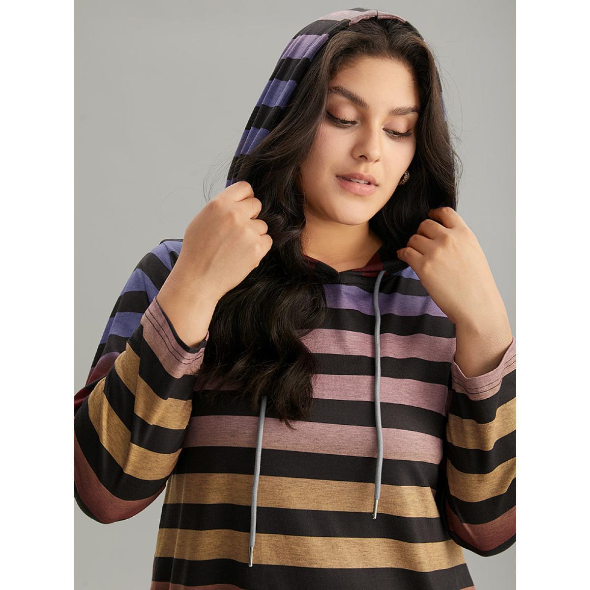 Plus Size Colour Striped Ombre Hooded Drawstring T-shirt Multicolor Women Casual Printed Striped Hooded Dailywear T-shirts BloomChic 10/M Product Image