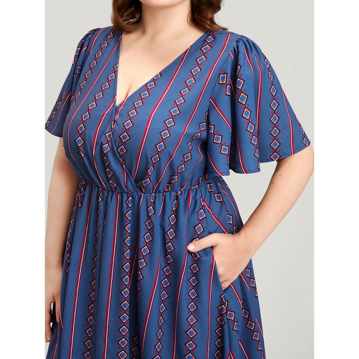 Plus Size Striped Pocket Split Flutter Wrap Midi Dress DarkBlue Women Casual Printed V-neck Short sleeve Curvy Midi Dress BloomChic 18-20/2X Product Image