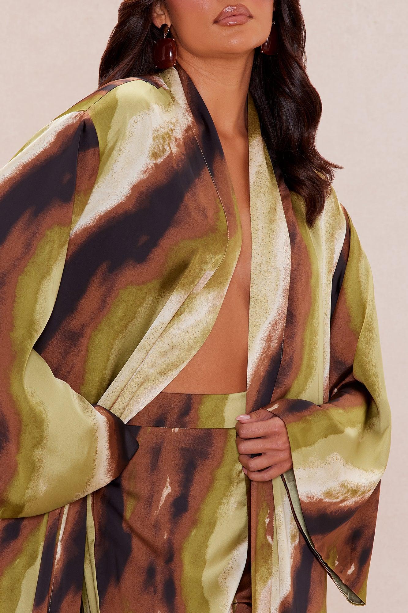 Rae Satin Kimono Set - Green/combo Female Product Image
