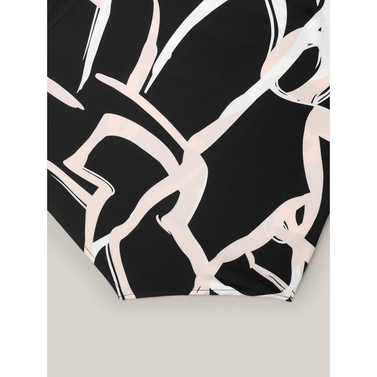 Plus Size Black Asymmetrical Line Print Hi Low Hem Blouse Women At the Office Elbow-length sleeve Round Neck Work Blouses BloomChic 30/6X Product Image