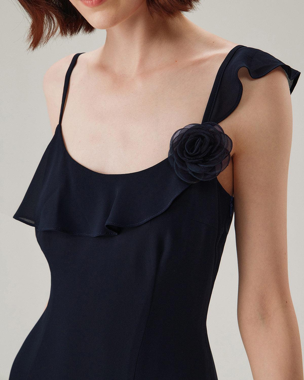 Blue Chiffon Ruffle Slip Midi Dress Product Image