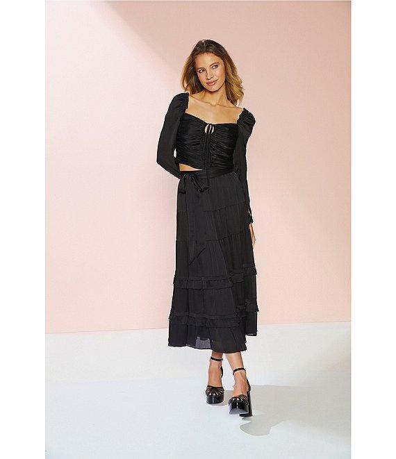 Chelsea & Violet Plisse Long Sleeve Ruched Square Neck Coordinating Cropped Top Product Image