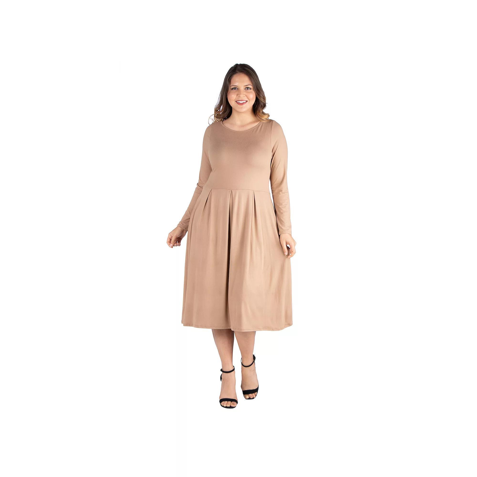 Plus Size 24seven Comfort Apparel Long Sleeve Fit and Flare Midi Dress, Women's, Size: 2XL, Beige Khaki Product Image
