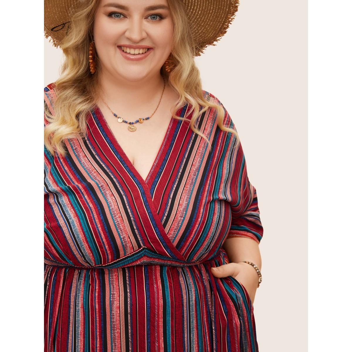 Plus Size Striped Contrast Dolman Sleeve Shirred Pocket Split Flutter Dress Red Women Boho Non V-neck Half Sleeve Curvy BloomChic 18-20/2X Product Image