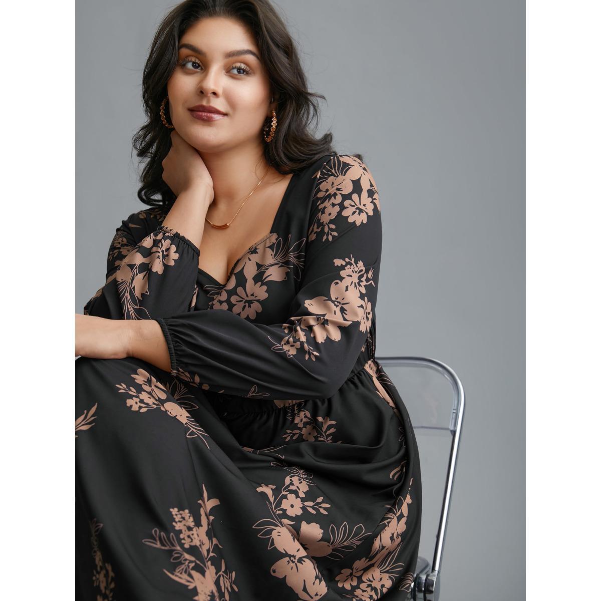 Plus Size Floral Square Neck Pocket Midi Dress Black Women Elegant Non Square Neck Long Sleeve Curvy BloomChic 18-20/2X Product Image