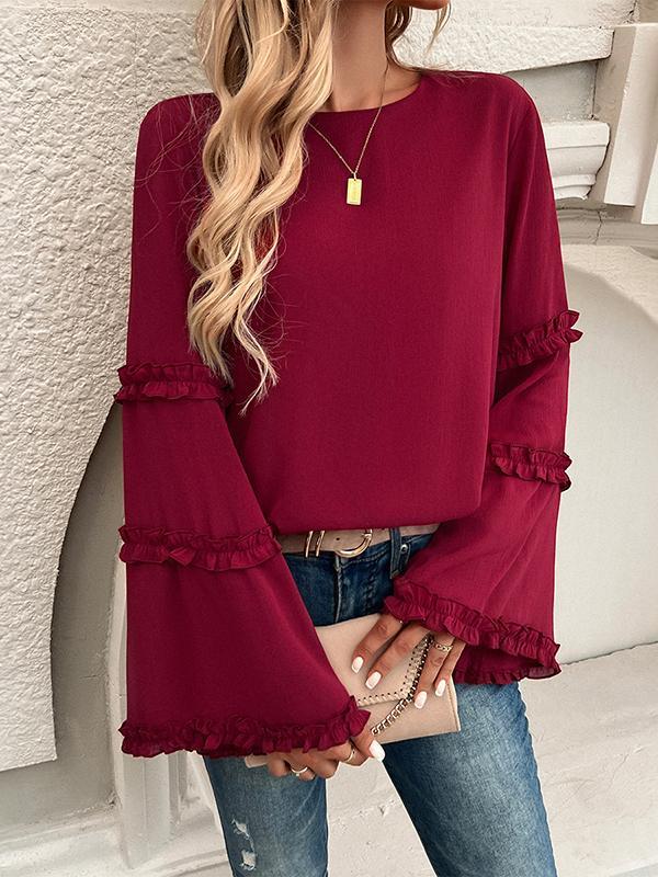 Flared Sleeves Long Sleeves Solid Color Split-Joint Round-Neck T-Shirts Tops Product Image