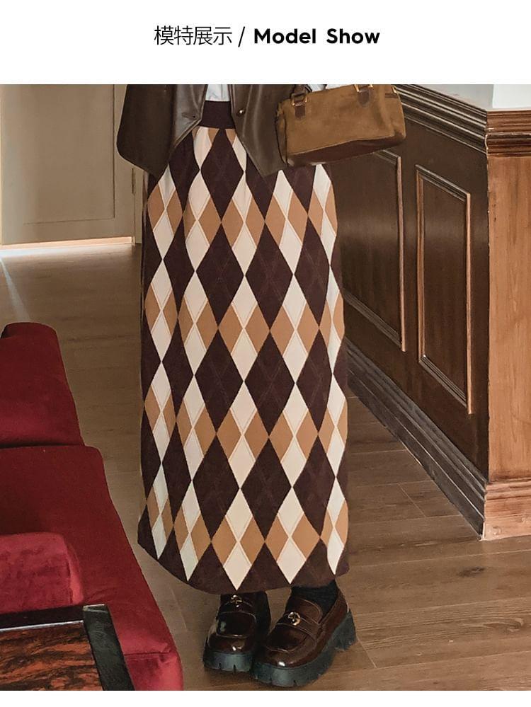 High Waist Argyle Knit Maxi Straight Skirt Product Image