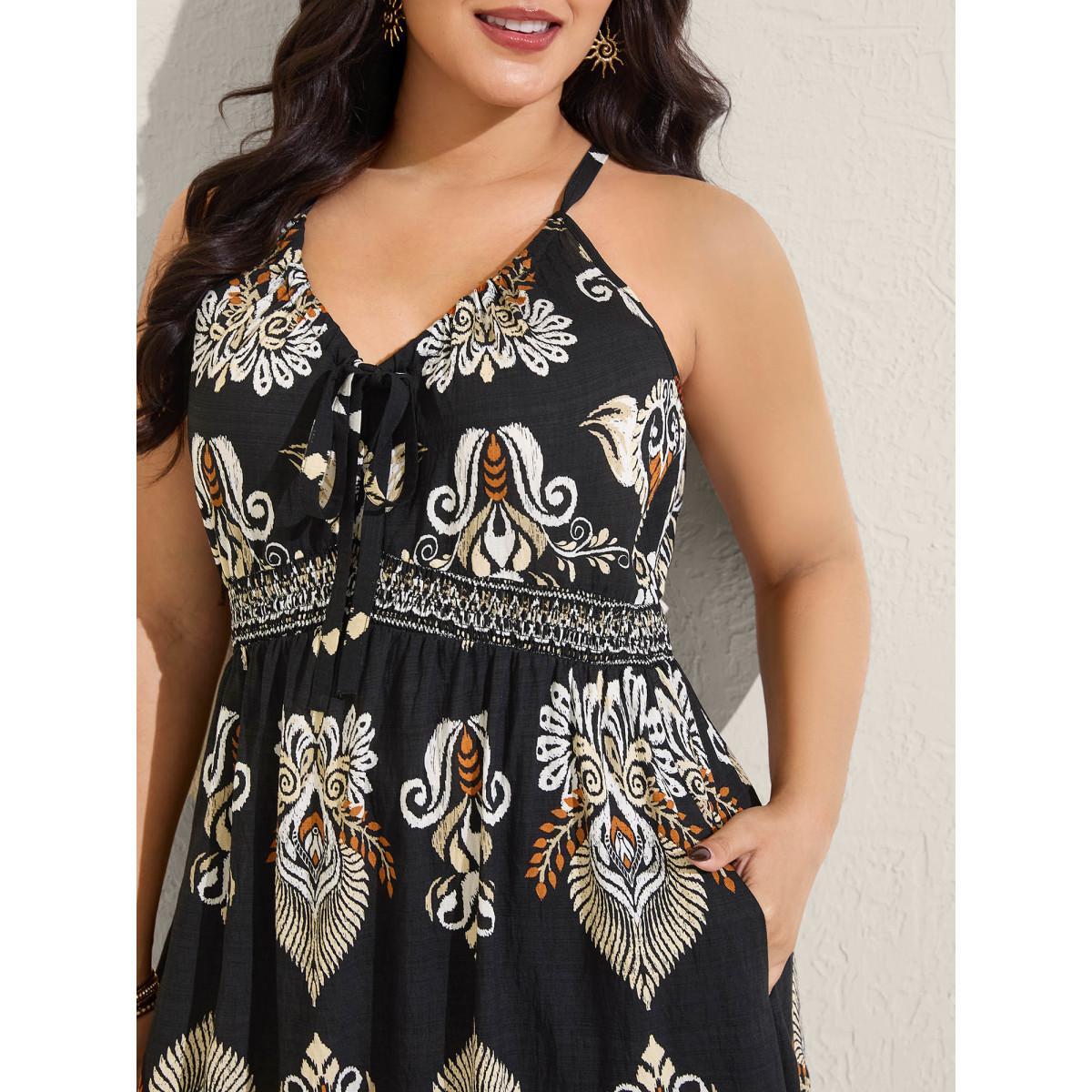 Plus Size Boho Print Pockets Cinched-Waist Midi Dress Black Women V-neck Sleeveless Curvy BloomChic 18-20/2X Product Image