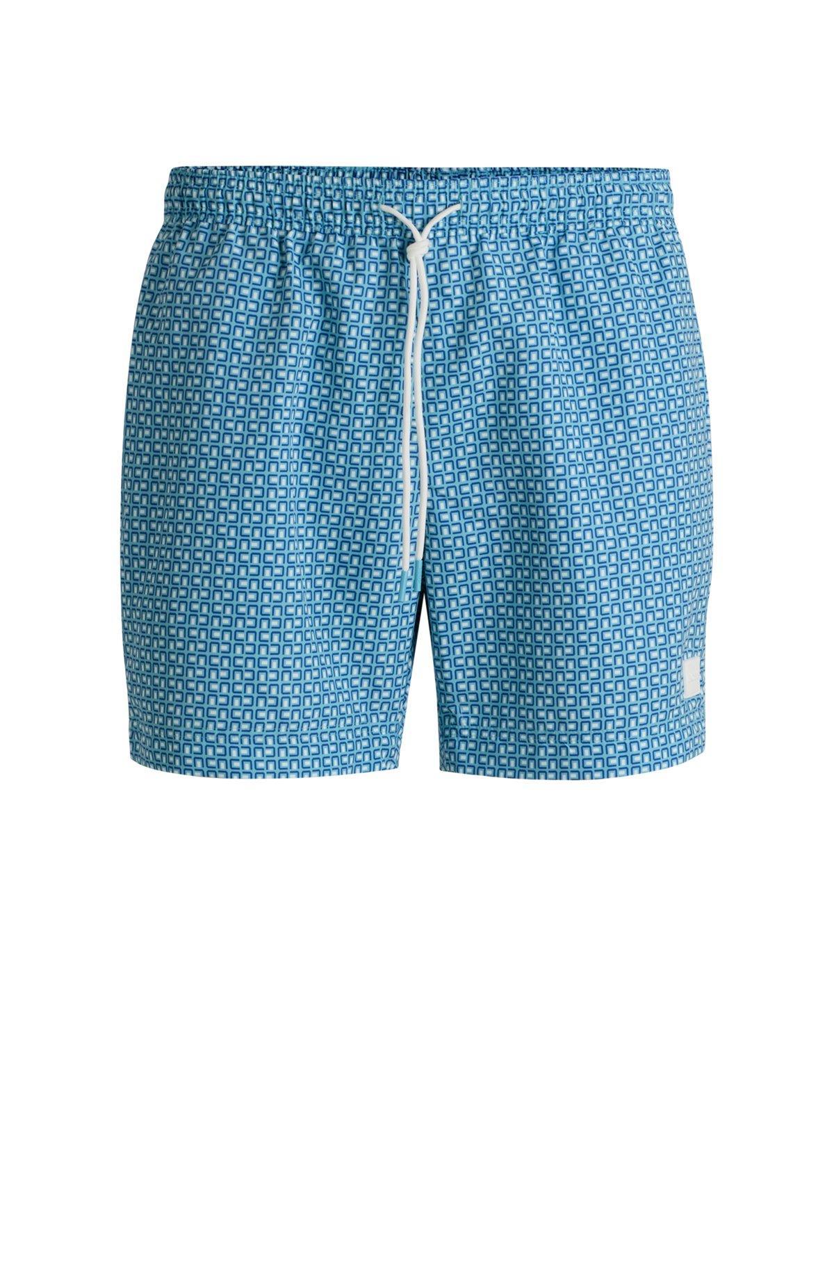 BOSS - Drawstring-waist swim shorts with all-over print - Light Blue Product Image