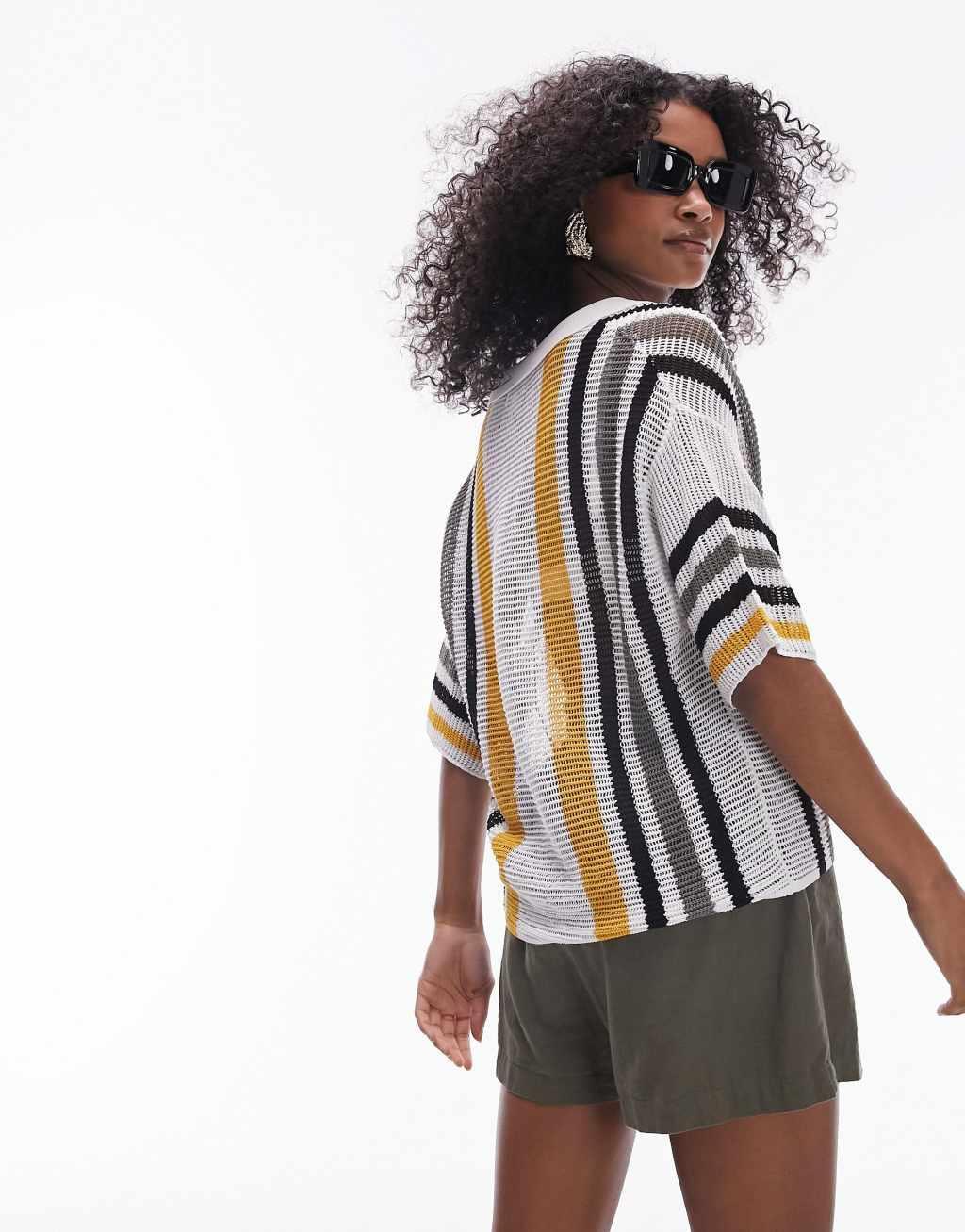 Topshop knitted open stitch stripe polo shirt Product Image