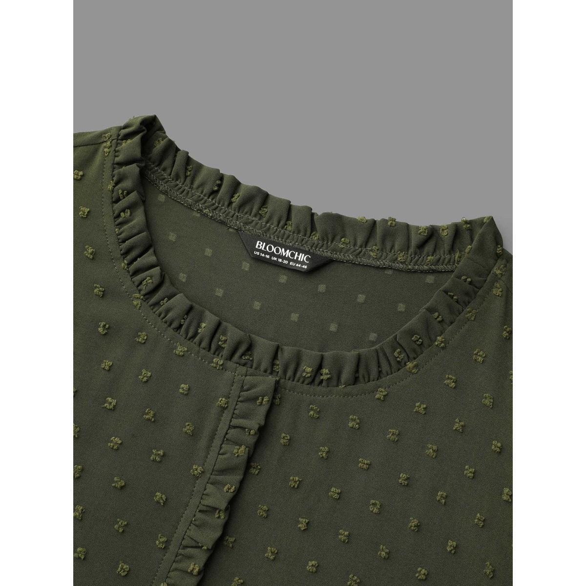 Plus Size Textured Waist-Tie Ruffled Edges Dress ArmyGreen Women Elegant Texture Round Neck Long Sleeve Curvy BloomChic 22-24/3X Product Image