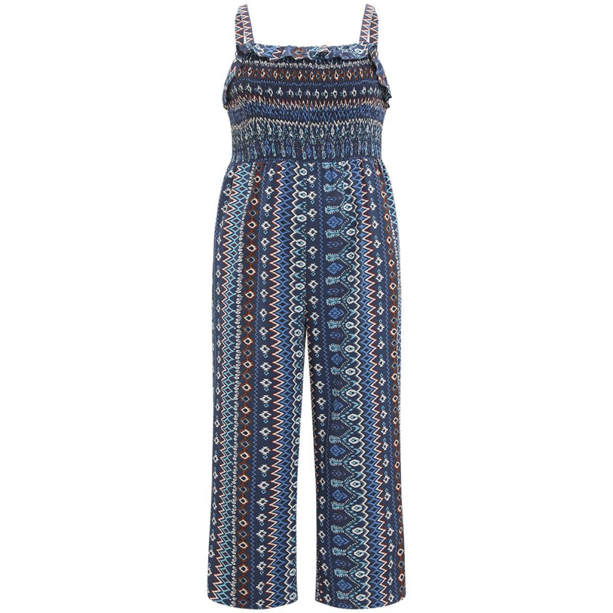 Plus Size DarkBlue Boho Print Shirred Pocket Elastic Wais Ruffle Trim Cami Jumpsuit Women Elegant Sleeveless Spaghetti Strap Dailywear Loose Jumpsuits BloomChic 14-16/1X Product Image