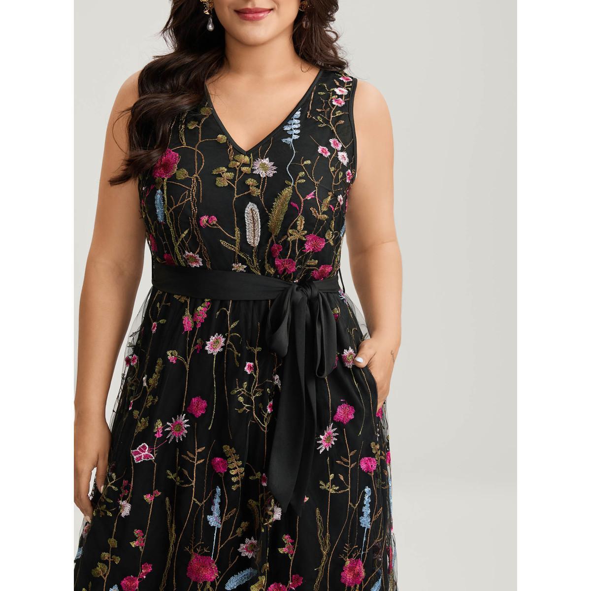 Plus Size Floral Embroidery Belted Midi Dress Black Women Formal V-neck Sleeveless Curvy BloomChic 26/4X Product Image