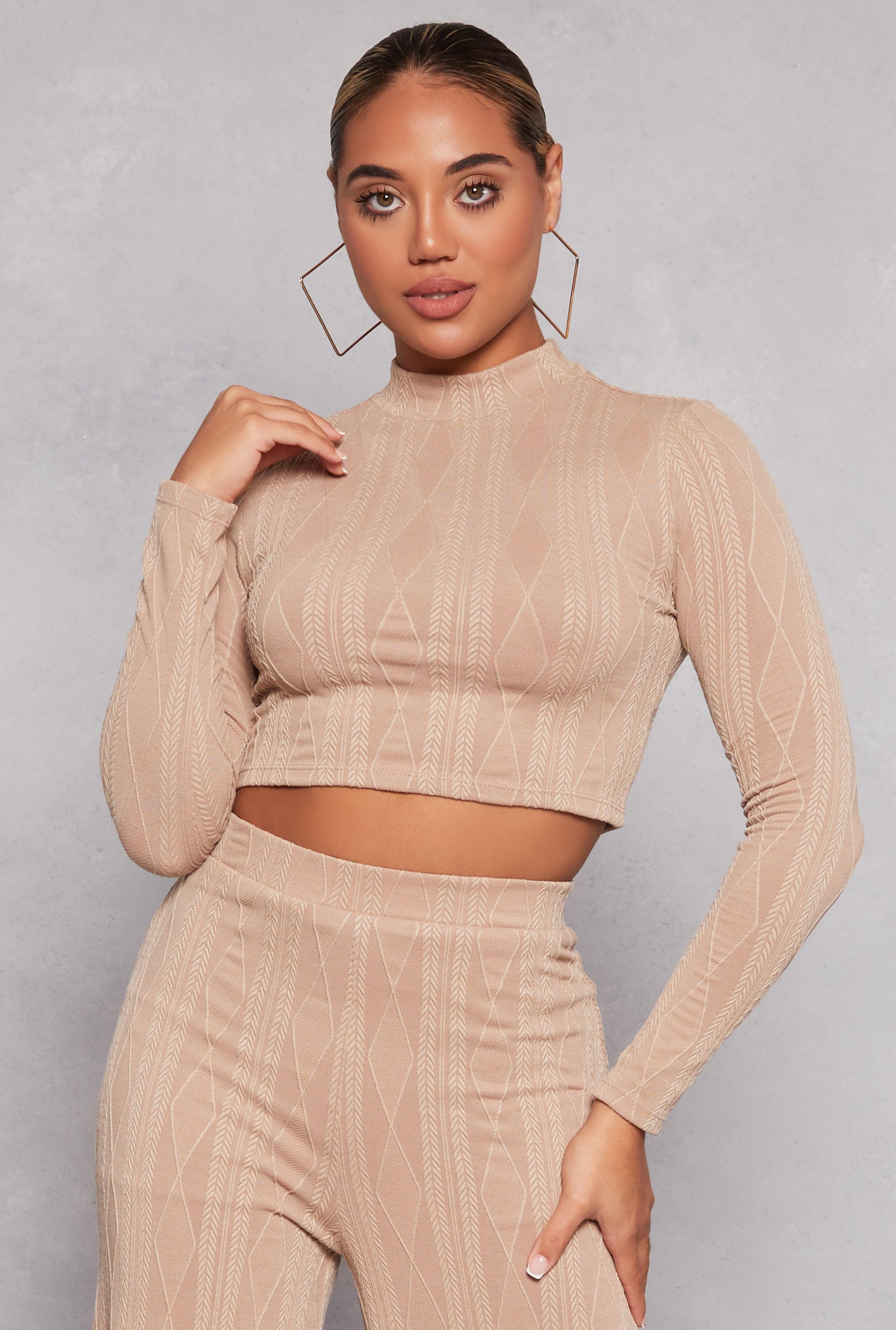 Womens Cable Knit Mock Neck Long Sleeve Crop Top Product Image