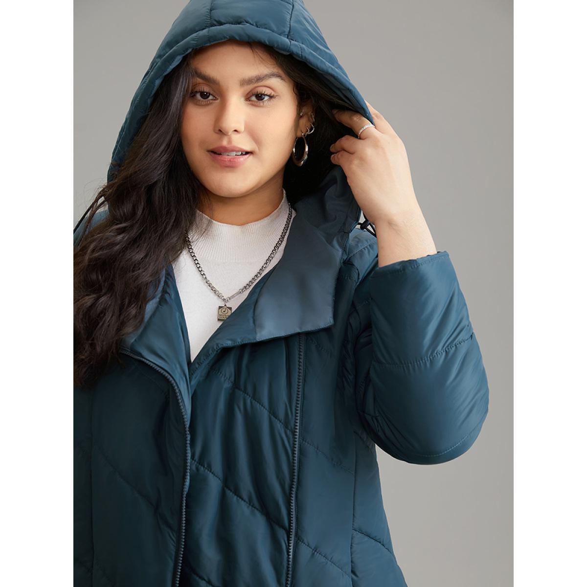 Plus Size Plain Drawstring Padded Zipper Pocket Hooded Jacket Women Blue Lined Pocket Dailywear Jackets BloomChic 18-20/2X Product Image