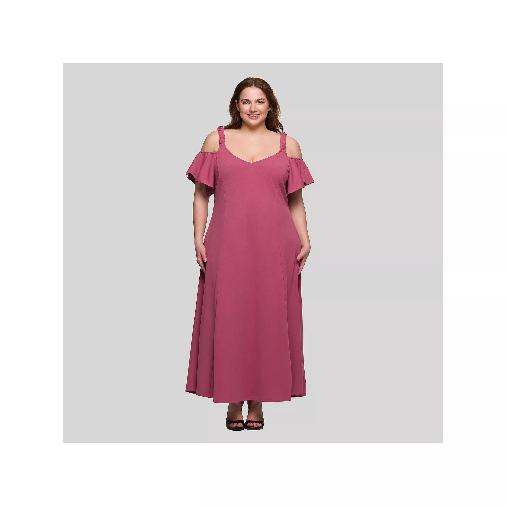 Plus Size 24Seven Comfort Apparel Cold Shoulder Ruffle Sleeve A-Line Maxi Dress, Women's, Size: 2XL, Pink Product Image