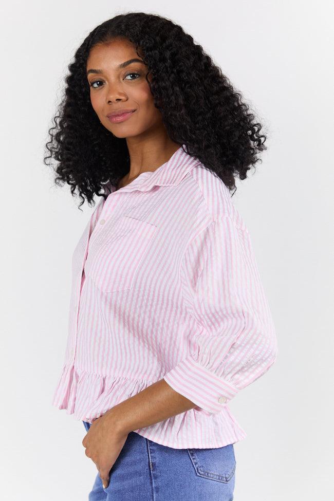 In Depth Pink Ruffle Hem Textured Stripe Button Down Top FINAL SALE Product Image