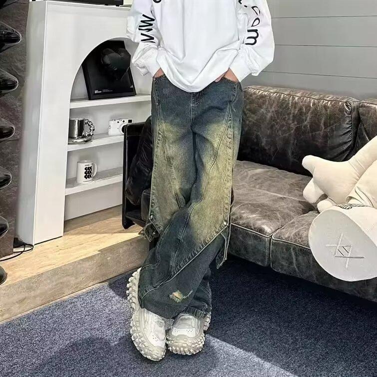 Sopula Retro Heavy-Duty Distressed Washed Patchwork Jeans Product Image