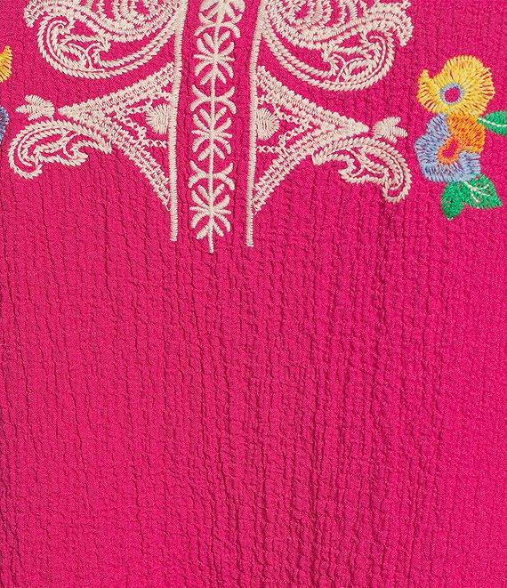 Calessa Plus Size Embroidered Motif Split V-Neck 3/4 Sleeve Tunic Product Image