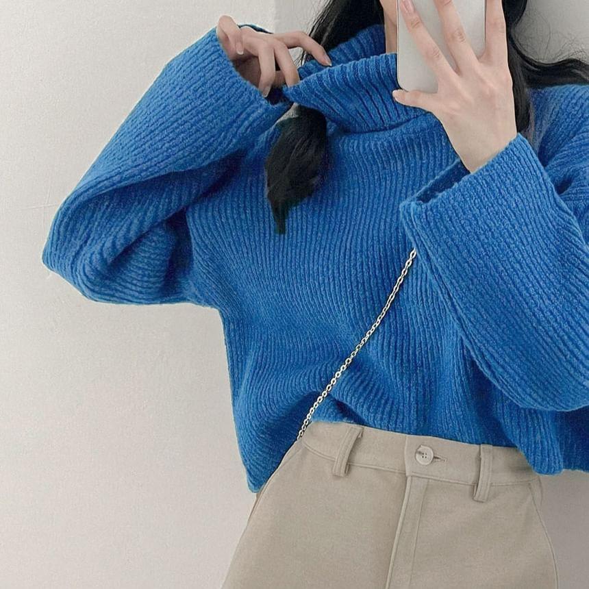 Turtleneck Plain Ribbed Cropped Sweater Product Image