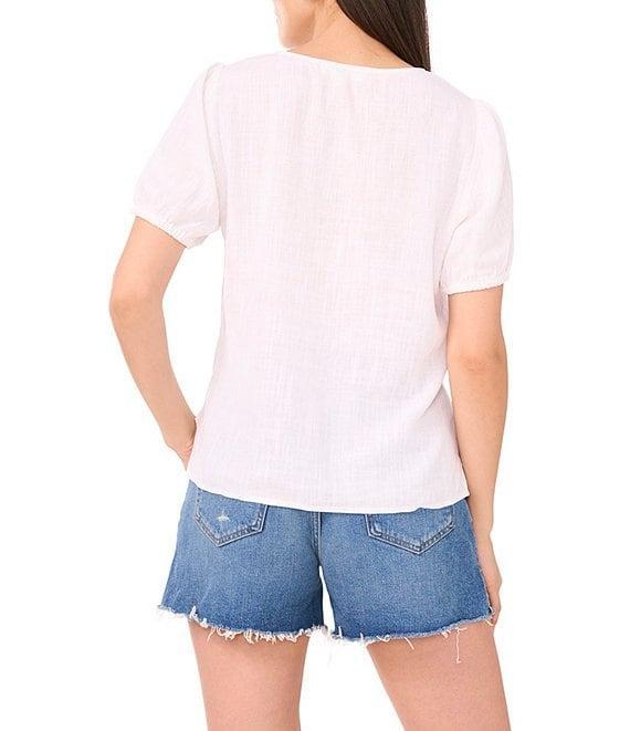 Vince Camuto Linen Blend V-Neck Short Puff Sleeve Tie Front Blouse Product Image
