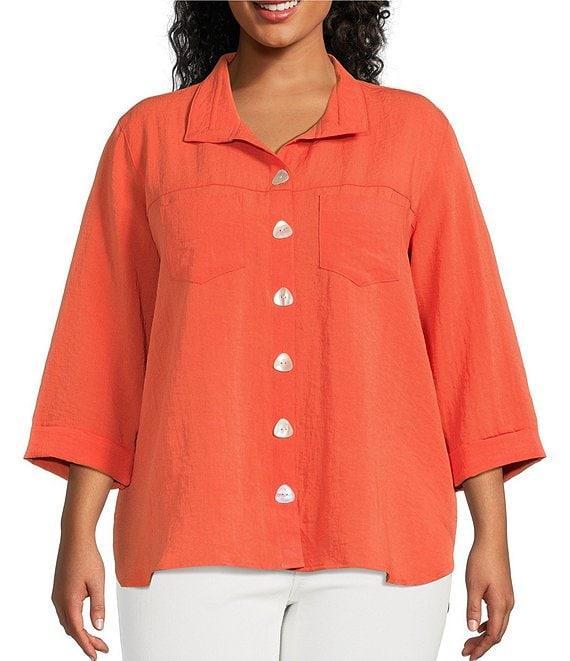 John Mark Plus Size Solid Woven Wire Collared Button Front 3/4 Sleeve Camp Shirt Product Image
