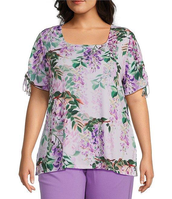 Allison Daley Plus Size Embellished Floral Print Short Ruched Tie Sleeve Square Neck Knit Top Product Image