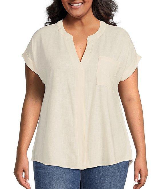 Perch By Blu Pepper Plus Short Sleeve Back Button Woven Linen Blend Top Product Image