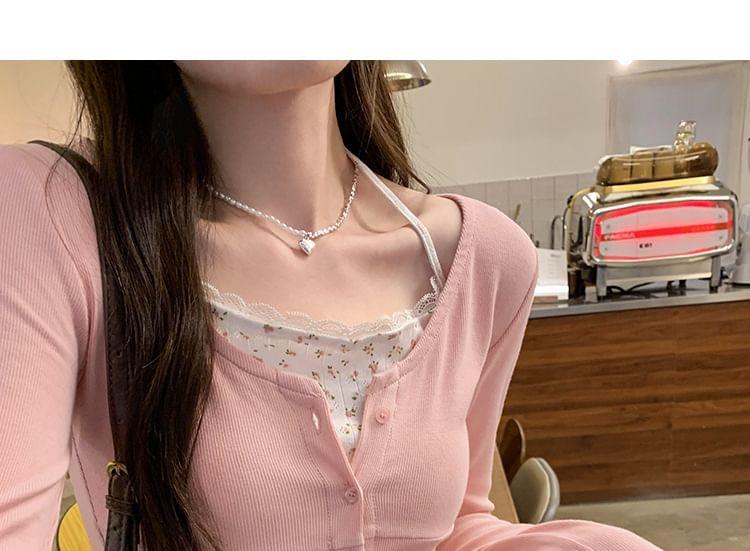 Long-Sleeve Plain Floral Panel Mock Two-Piece Lace Trim T-Shirt Product Image