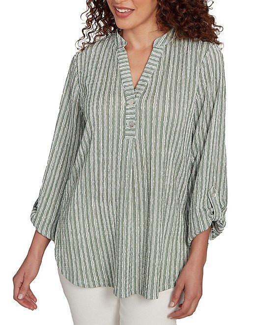 Ruby Rd. Crinkle Knit Stripe V-Neck Long Roll-Tab Sleeve Henley Top Product Image