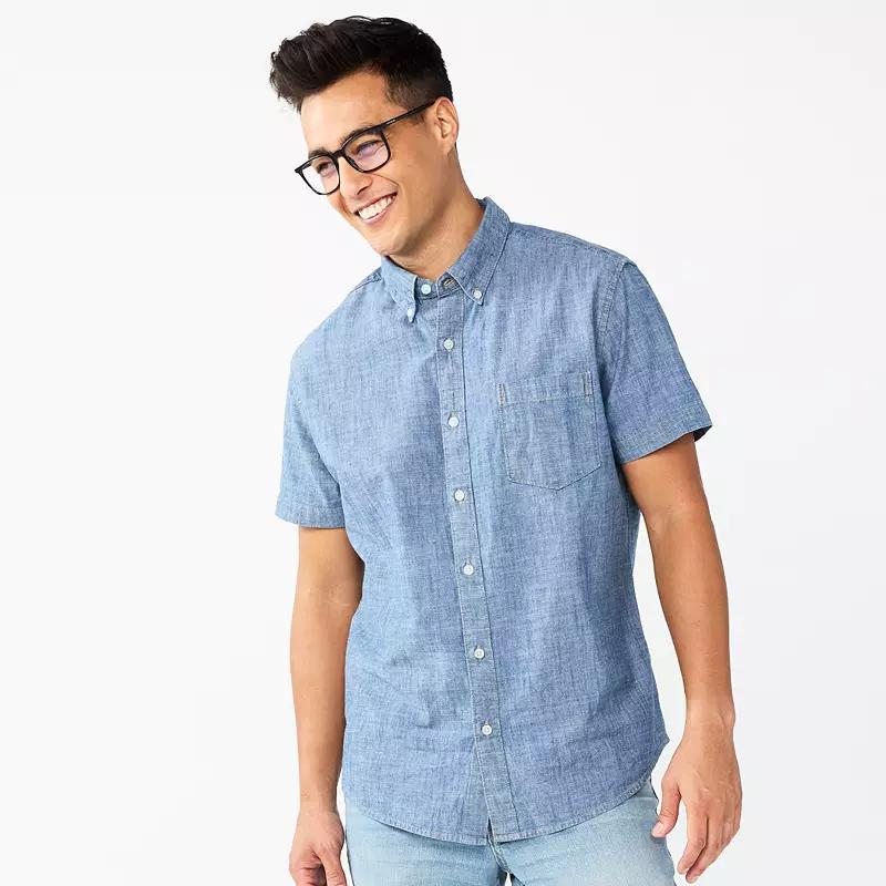 Mens Sonoma Goods For Life Short Sleeve Perfect Length Button Down Shirt Medium Blue Chambray Product Image